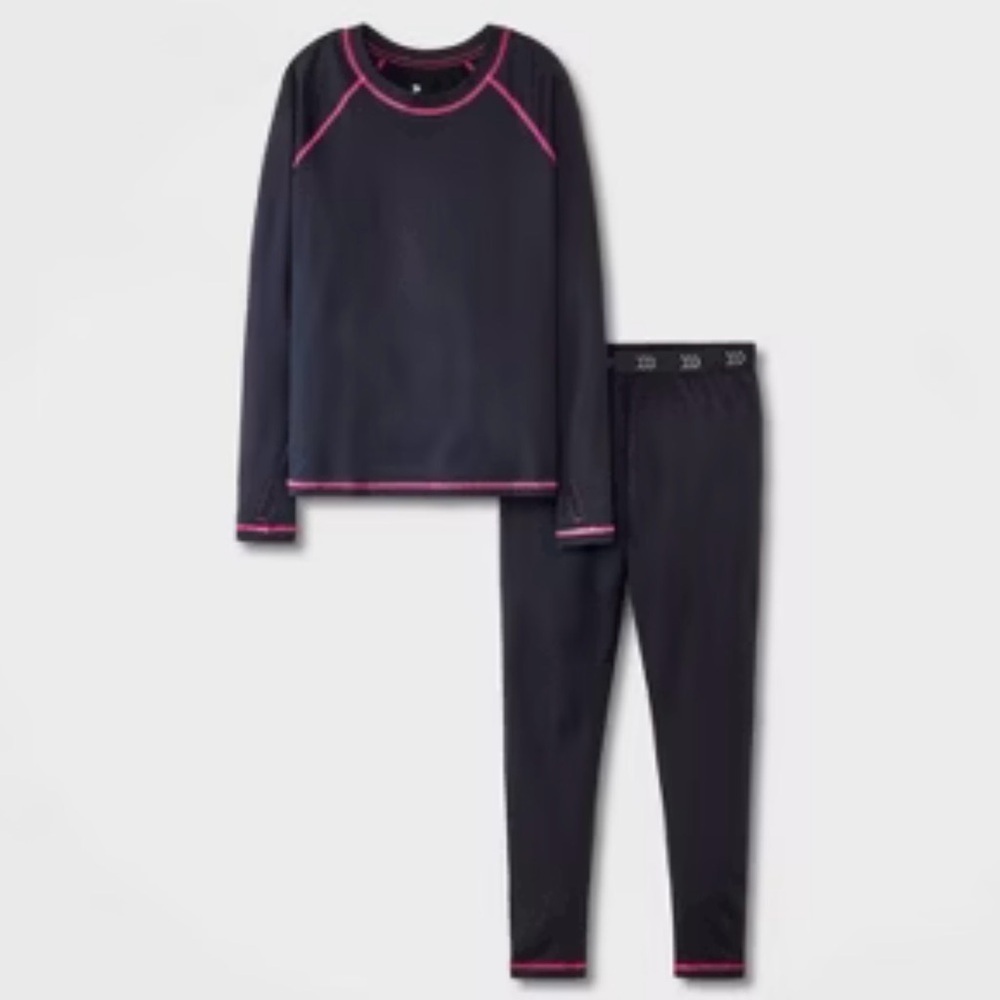 NWOT All in Motion Girls Black 2 pk Thermal Underwear Set- Size XL